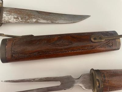 starožitná dýka, nůž vidlička ve dřevěném pouzdře 45cm