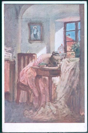 25A346 Malovaná pohlednice J. Mánes - Švadlena