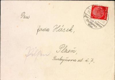 10B3013 Dopis F. Hásek, Plzeň, příležit. raz. Chodov, zálepka Danzig