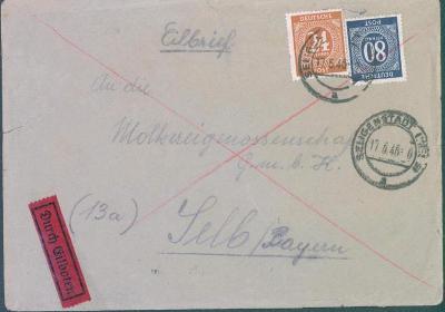 14B134 Spěšný dopis Seligenstadt - Selb, vysoká frankatura