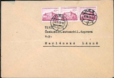 10B3042 Dopis Cheb - Mariánské Lázně, 3- páska známek Zvolen