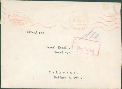 10B3389 Dopis Praha - Rašínov, známky Hitler neuznány - doplatné 1,20 
