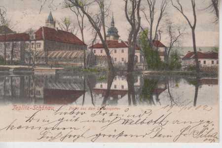 Teplice (Teplitz), zámek zahrada, v pozadí věž kos - Pohlednice místopis