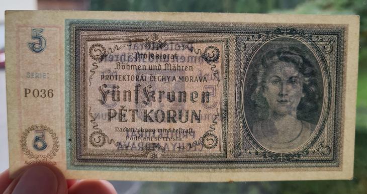 5 korun bez data (1940), série P 036, neperforovaná, stav 1 - Bankovky
