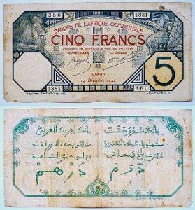 Francouzská Západní Afrika 1922 DAKAR - 5 Francs !!!!!!!!