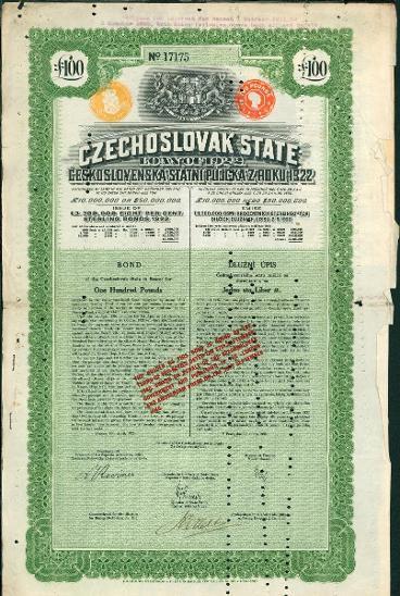 2A940 CZECHOSLOVAK STATE - půjčka 1922 na 100 LIBER, 43 cm x 27 cm R!!