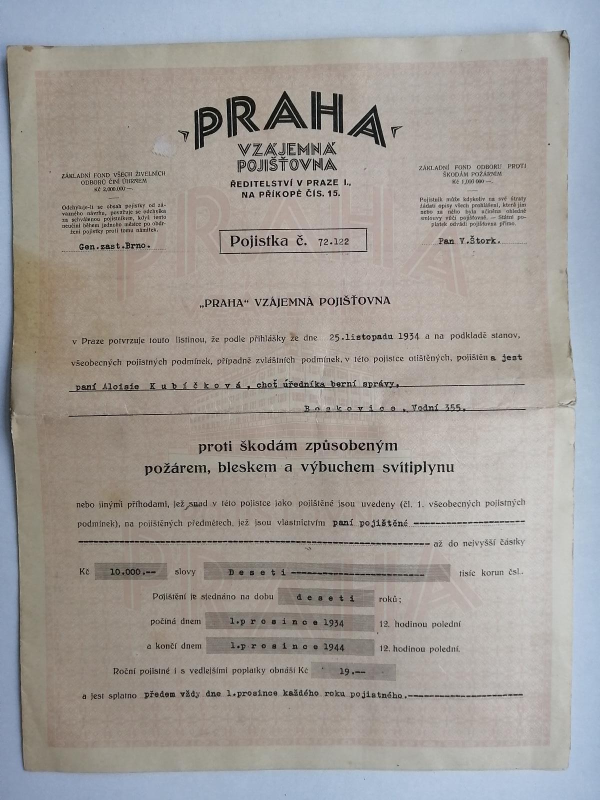 PRAHA vzájemní pojištovna Pojistka z r. 1934  - Starožitnosti a umění
