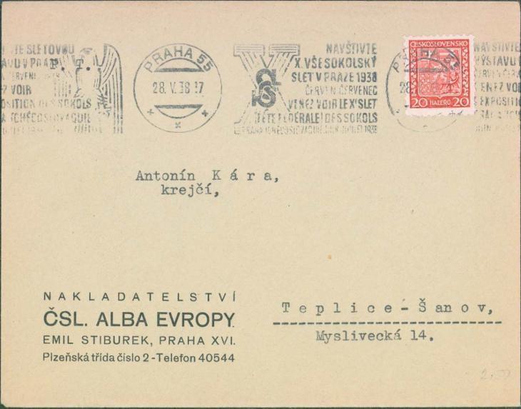 10B356 Strojové razítko X. všesokolský slet v Praze 1938, Praha - Filatelie