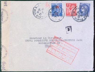 17B486 Dopis Paříž - 1. česká zajišťovací banka Praha, německá cenzura