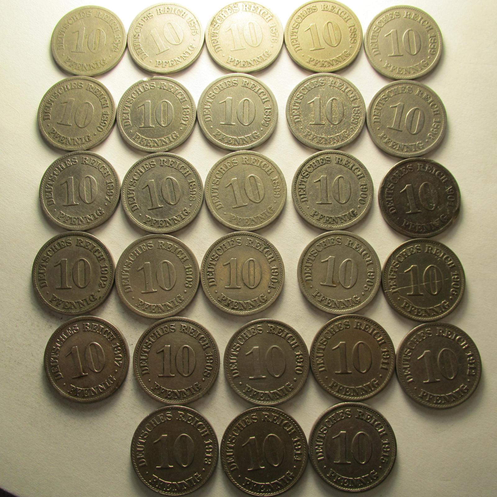 Kaiser Reich, sada 10 pf. - 1874-1915 A-Berlin, 28 kusů, pod 10 Kč/kus - Numismatika