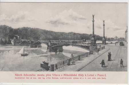Praha 1, návrh železného mostu přes Vltavu - Pohlednice místopis
