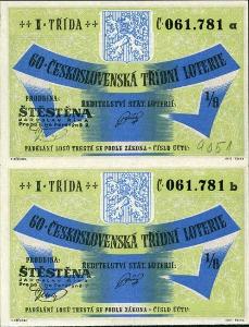 2A765 60. Třídní loterie 1949, ŠŤĚSTĚNA J.ŘÍHA- neoddělené losy R!!!