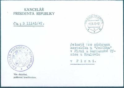 10B822 Služební dopis z Kanceláře presidenta republiky do Plzně