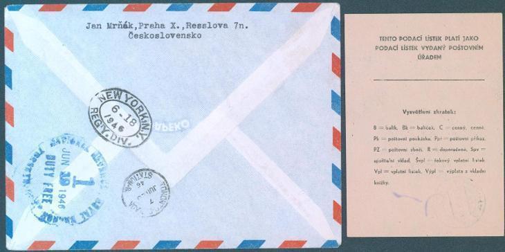 10B851 R letecký dopis Praha Toronto/Kanada, včetně podacího lístku