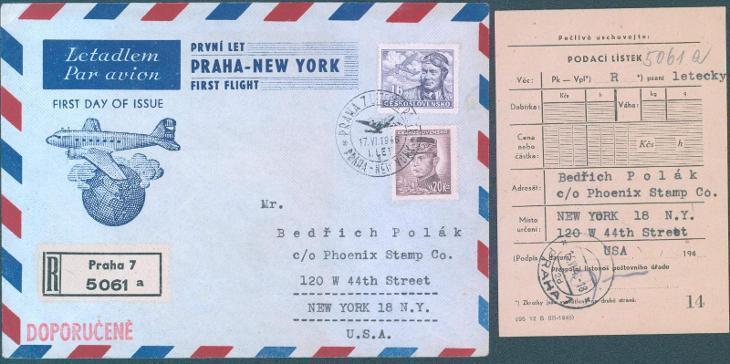 10B852 R letecký dopis Praha - New York, včetně podacího lístku