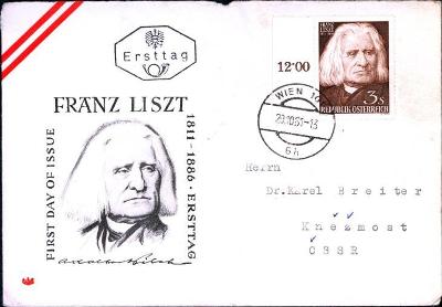 13B1019 Dopis Vídeň - Kněžmost, 1. den vydání známky Franz Liszt