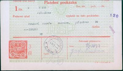 10Z120 Poštovní úřad šekový Platební poukázka, JIČÍNĚVES- JIČÍNOVES R!