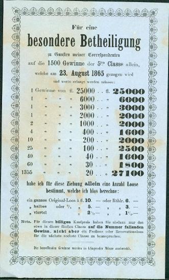 2A815 Loterie 5. řada - seznam výher, r. 1865