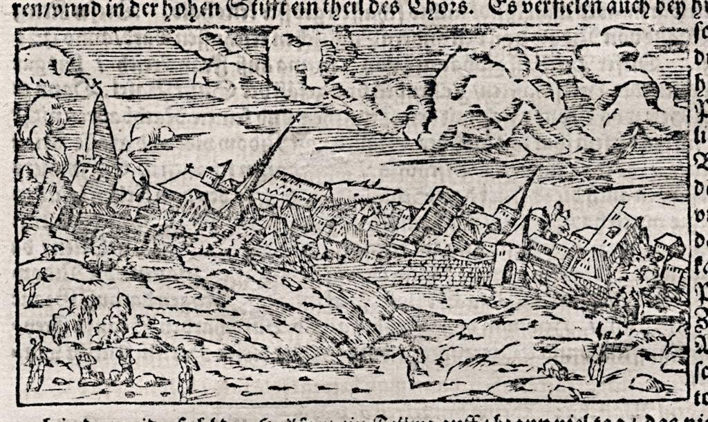 Basel zemětřesení, Münster S., dřevořez , (1580) - Mapy a veduty Evropa