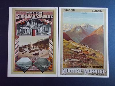 Švýcarsko plakát na pohlednici reklama Svatý Mořic Alpy lázně 