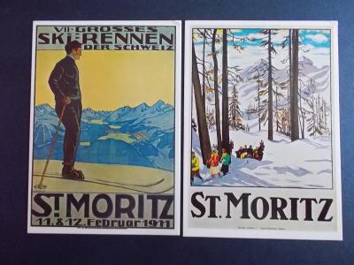 Švýcarsko plakát na pohlednici reklama Svatý Mořic Alpy lyžování sport