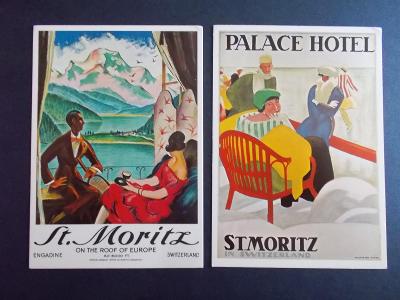 Švýcarsko plakát na pohlednici reklama Svatý Mořic Alpy hotel Palace