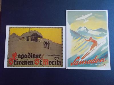 Švýcarsko plakát na pohlednici reklama Svatý Mořic Alpy Zimní sport 
