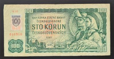 100 Sk/Kčs 1961, slovenský kolek 1993, oběhový stav 
