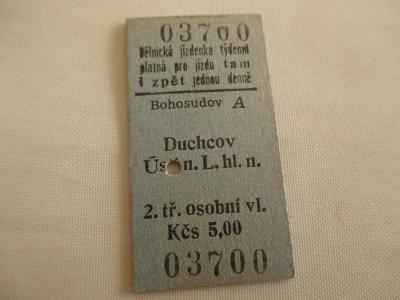 Stará vlaková dělnická jízdenka týdenní Bohosudov  1985 ČSSR