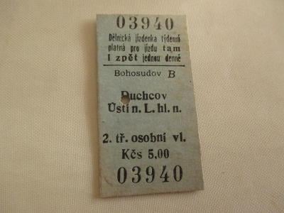 Stará vlaková dělnická jízdenka týdenní Bohosudov  1985 ČSSR