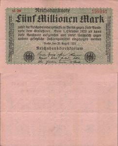 Německo 5 000 000 Mark; 20.08.1923; VF; Pick#105