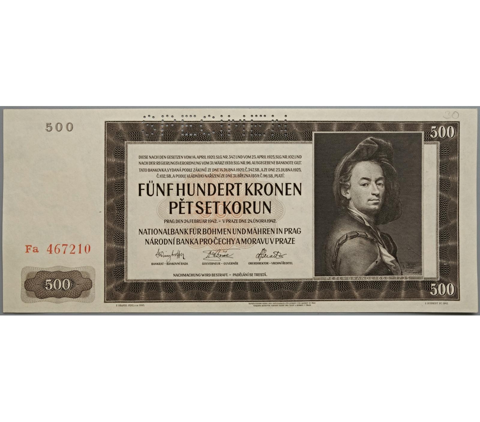 500 K 1942, II. vydání, série Fa, perforovaná (SPECIMEN nahoře) - Bankovky