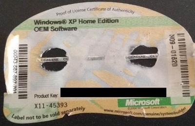 Licenční štítek Windows XP Home Edition 