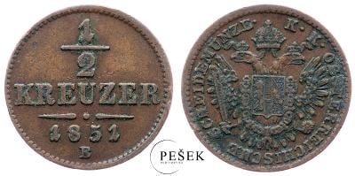 🔥 (Z1259) František Josef I., 1/2 Krejcar 1851 B