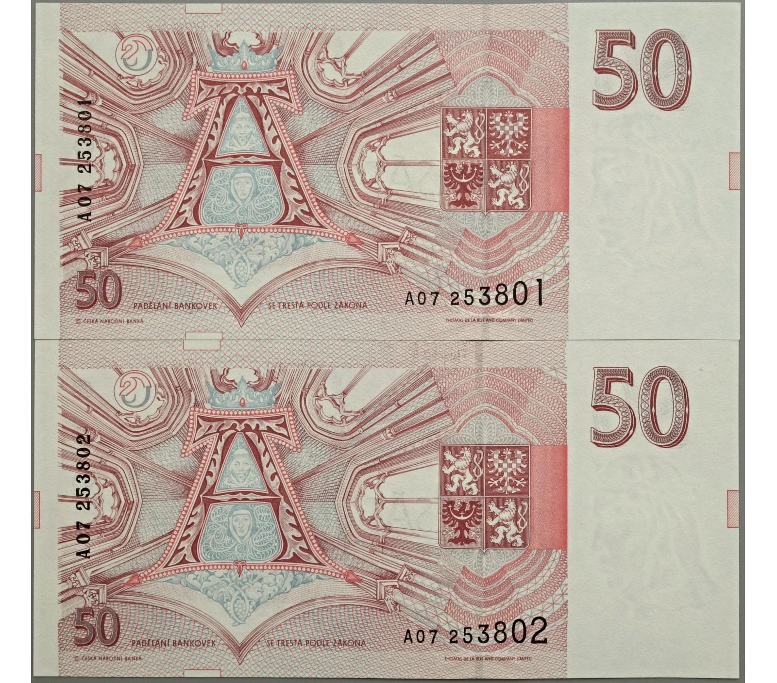 2× 50 Kč 1993, série A 07, po sobě jdoucí čísla - Bankovky