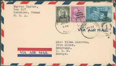 20B262 Letecký dopis Gonzales Texas - Rokycany, obrovská frankatura R!