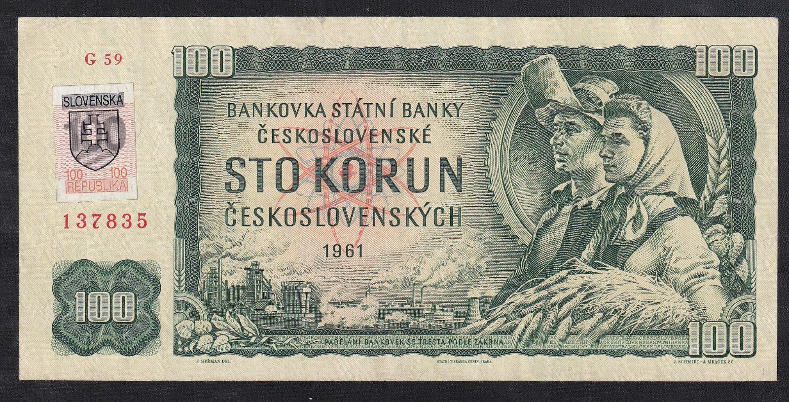 VZÁCNA 100 KORUNA 1961 SLOVENSKÝ KOLÍK - SUPER STAV - Bankovky