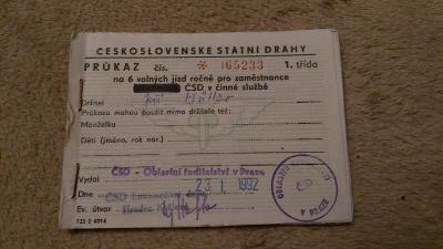 Průkaz na volné jízdy zaměstnanců ČSD  1992  (1. třída) 