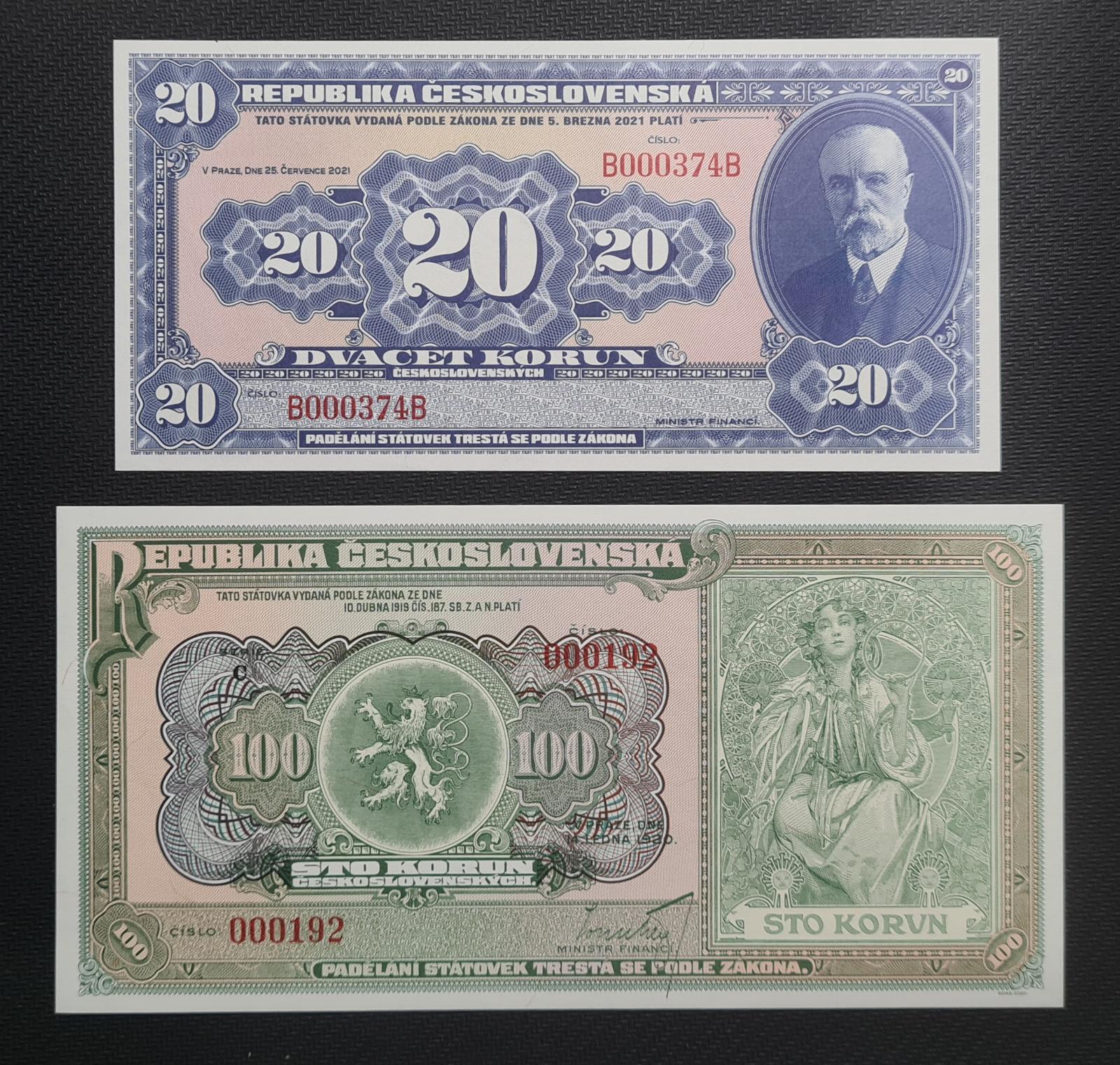 Vzácná Sada Novotisků 20 a 100 Koruna 1920 !!! - Bankovky