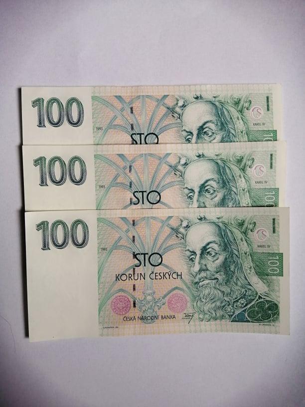 100 Kč 1993 Vzácná série A. 3 v postoupnosti - Bankovky