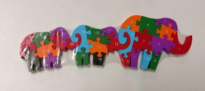 Dětské vzdělávací dřevěné puzzle - 3 sloni abeceda + čísla. Nové.
