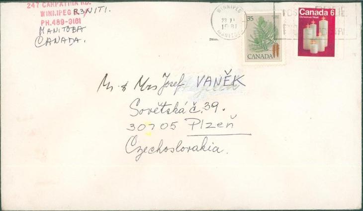 21B215 Letecký dopis Winnipeg Kanada - Plzeň - Filatelie