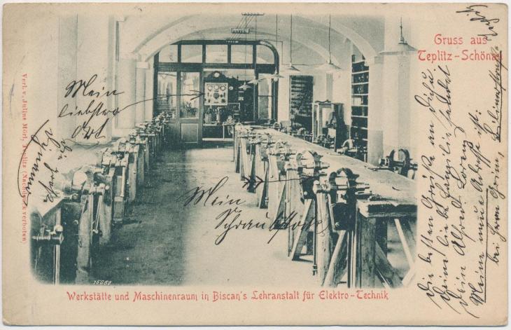 65 - Teplice, interiér dílny a strojovny na Vysoké škole, cca 1906 - Pohlednice místopis