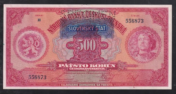 VZÁCNÁ 500 KORUNA 1929 PŘETISK SLOVENSKÝ ŠTÁT - aUNC!