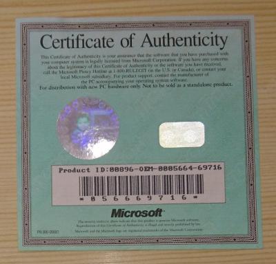 Raritní retro - Microsoft certificate of authenticity