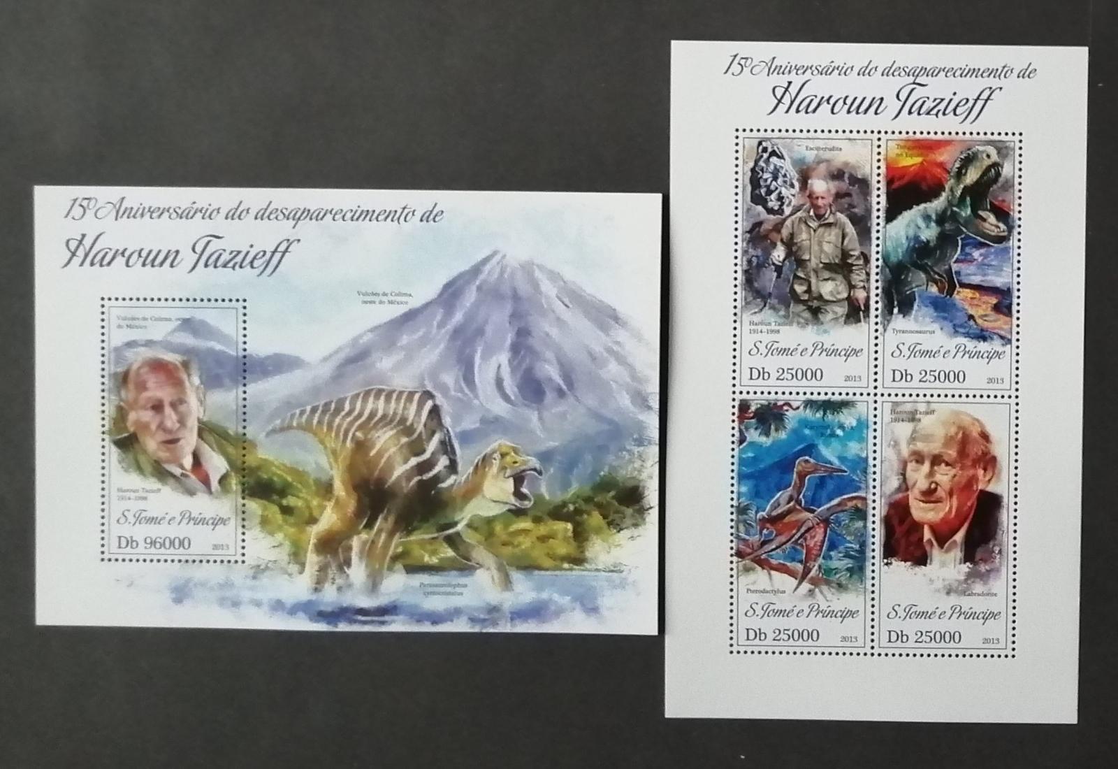 Svätý Tomáš 2013 Mi.5321-4+Bl.924 20€ Vulkanológ Tazieff, dinosaury - Tematické známky