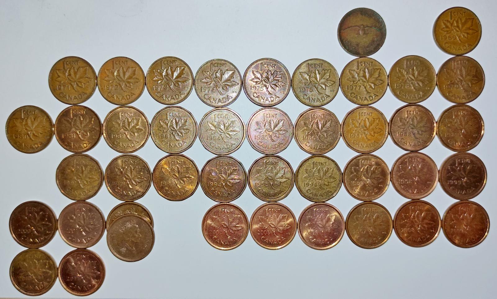 Kanadské 1 Centy (1967 - 2011), 42 Ks, KAŽDÝ JINÝ, Kanada 1 Cent, SADA - Numizmatika