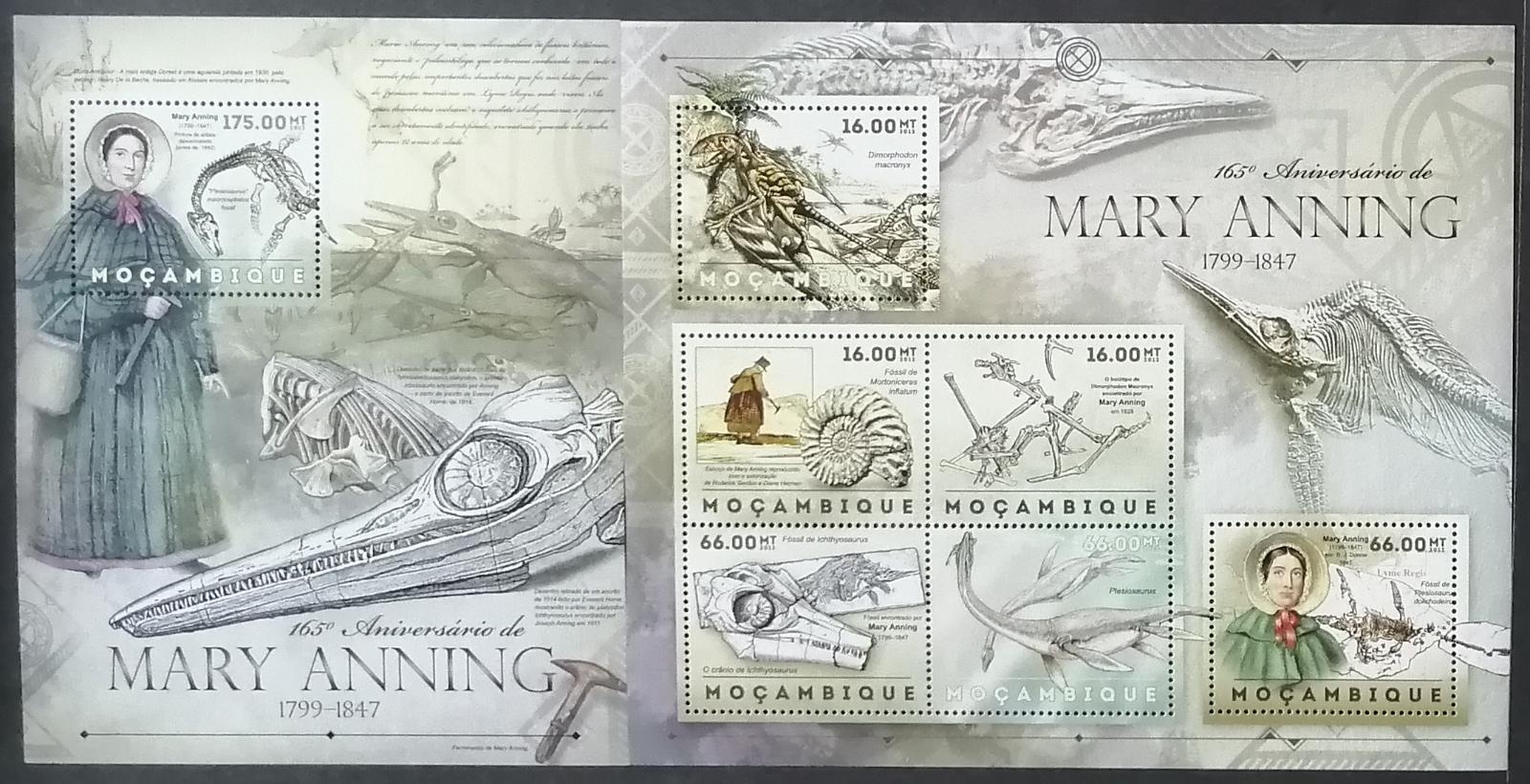 Mozambik 2012 Mi.6083-8+Bl.679 24€ 165 rokov M. Anning, dinosaury, fosíl - Tematické známky