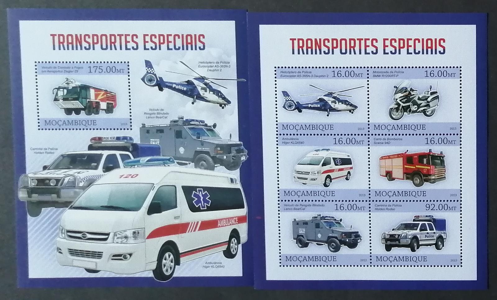 Mozambik 2013 Mi.6525-0+Bl.751 20€ Vozidlá polícia, sanitky a hasiči - Známky