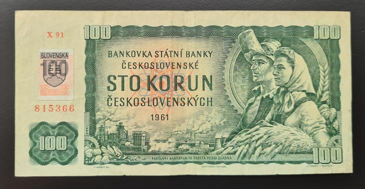 100 Sk/Kčs 1961, slovenský kolek 1993, serie X 91 z malého oběhu  - Bankovky